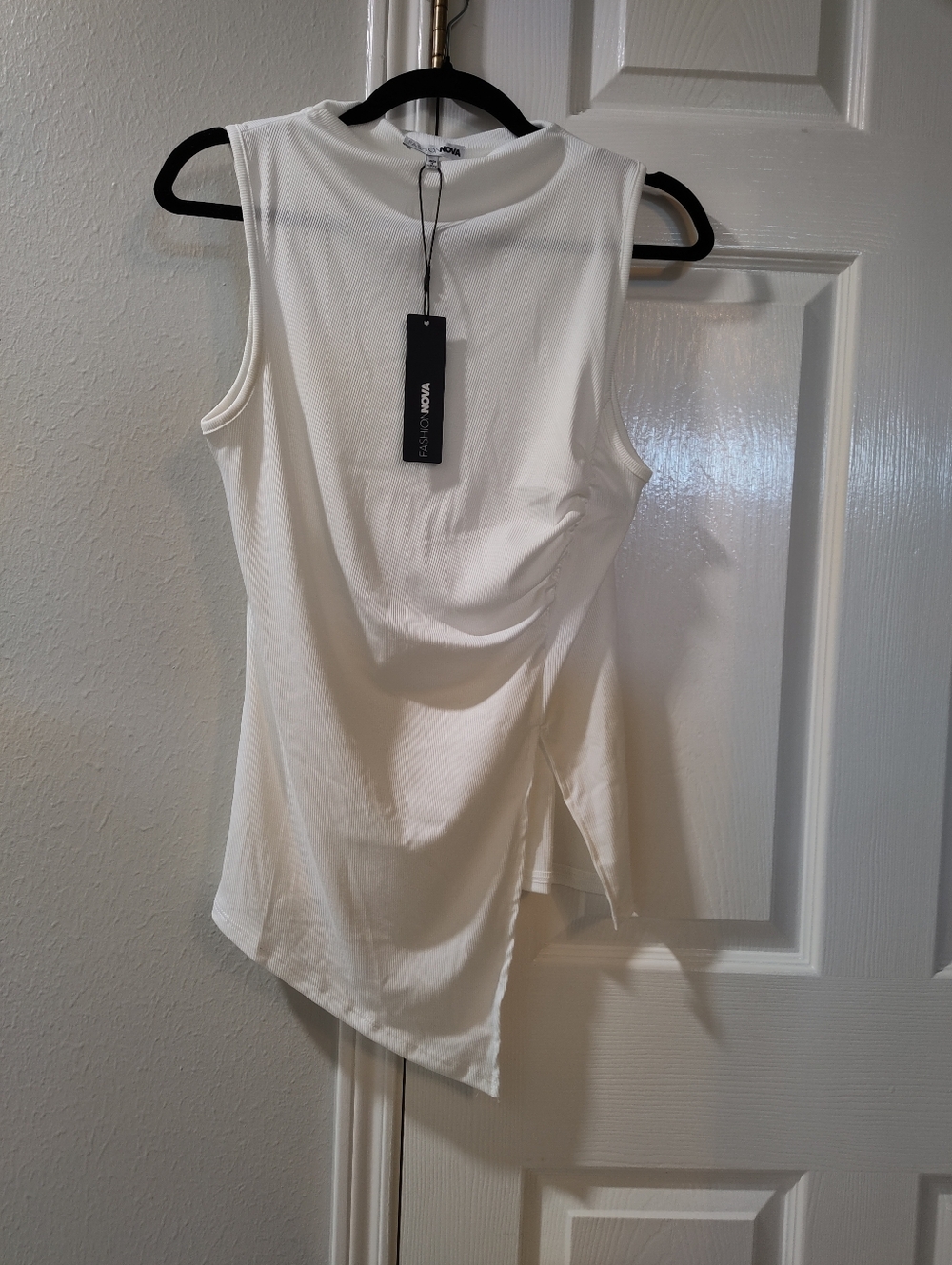 Fashion Nova White High Neck Ruched Tank Top Ribbed Stretc Blouse Med - Lrg NWT